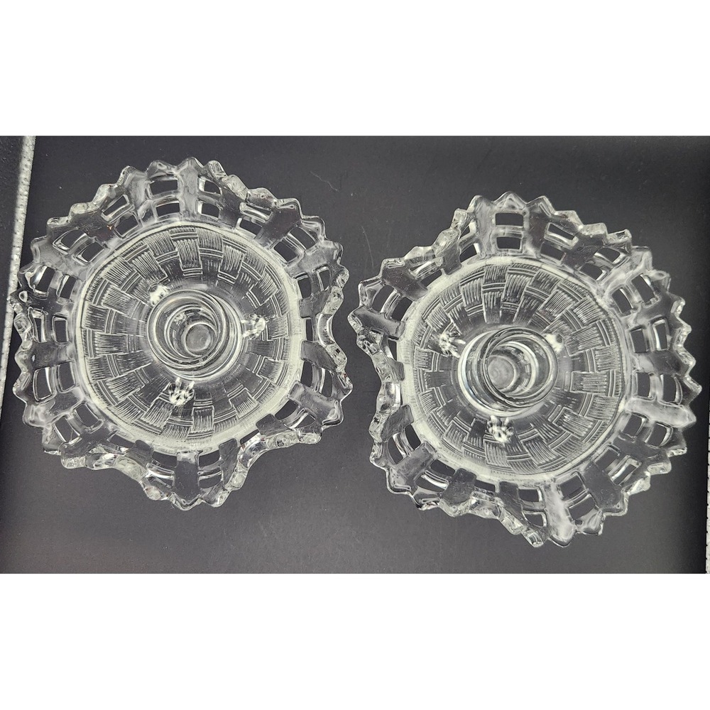 Vintage Imperial Glass Basket Weave Double Edge Clear Tripod Candle Holders Pair